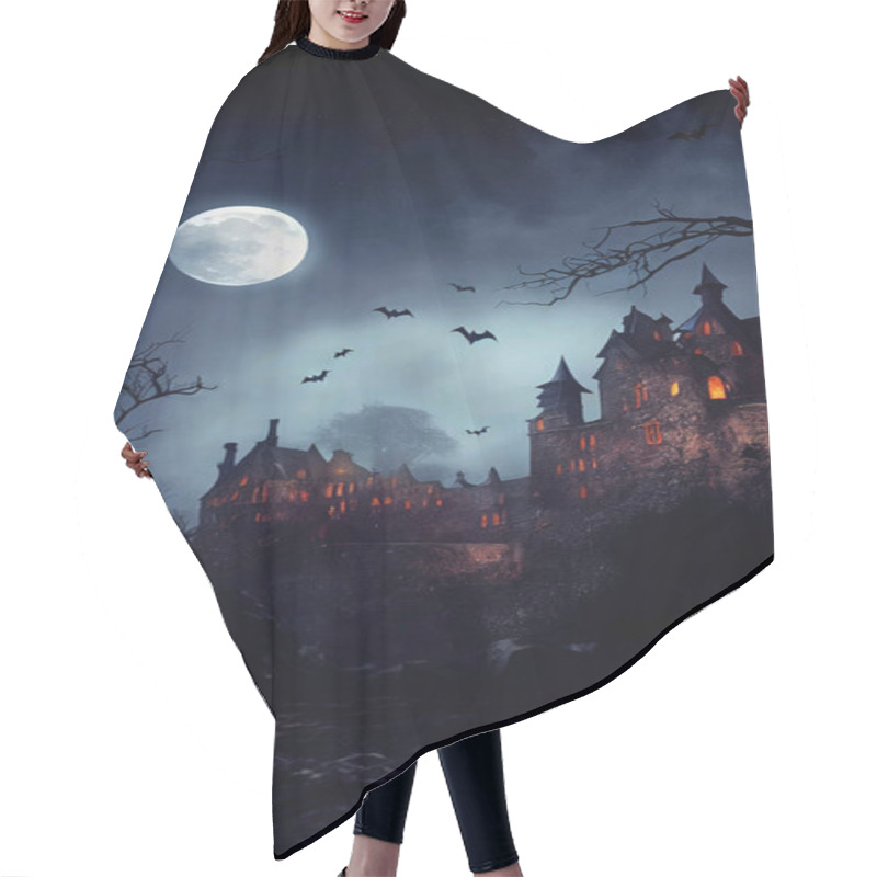 Personality  Medieval Gothic Castle In The Dark Halloween Night With Super Moon And Bats Flying In The Sky Hair Cutting Cape