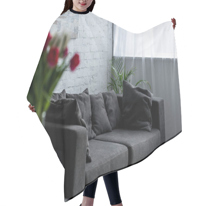 Personality  Selective Focus Of Empty Living Room With Grey Sofa Hair Cutting Cape