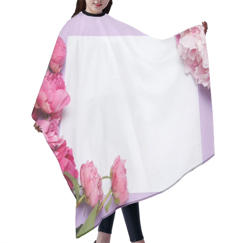 Personality  A Sheet Of Paper Framed By Peonies On A Lilac Background. Hair Cutting Cape