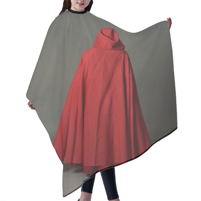 Personality  Full Length Portrait Of Brunette Lady Wearing Red Fantasy Costume With Cloak, Standing Pose On Grey Studio Background. Hair Cutting Cape