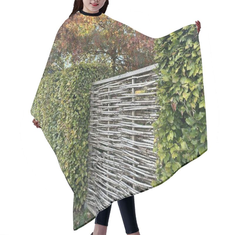 Personality  Wicker Willow Eco Fence And Dense Beech Hedge. The Hedge Is Composed Of Fagus Sylvatica, Displaying Horizontal Weaving In A Rustic, Natural Style Hair Cutting Cape