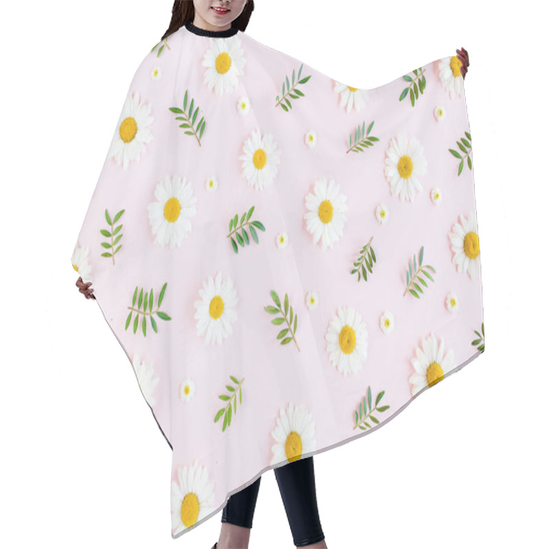 Personality  Pattern Made Of Chamomiles, Petals, Leaves On Pink Background. Flat Lay, Top View Hair Cutting Cape