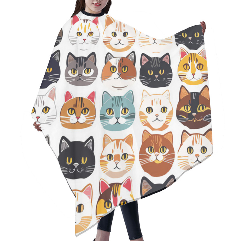 Personality  Vector Retro Hand Drawn Japanese Style Wild Cat Or Kitten Face Seamless Surface Pattern For Products Or Wrapping Paper Prints. Hair Cutting Cape