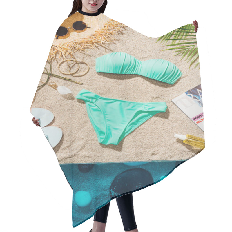 Personality  Top View Of Stylish Blue Bikini With Various Accessories And Magazine On Sandy Beach Hair Cutting Cape