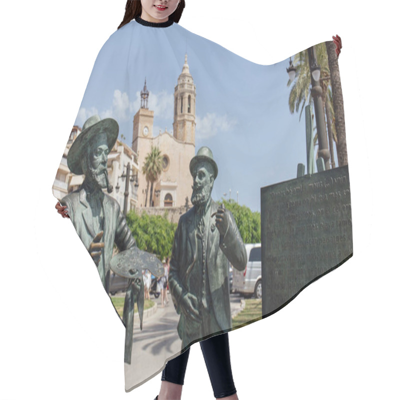 Personality  SITGES, SPAIN - APRIL 30, 2020 : Monument To Santiago Rusinol And Ramon Casas On Urban Street Hair Cutting Cape