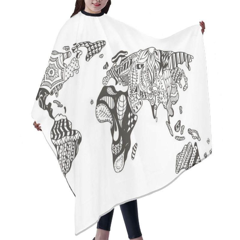 Personality  World Map Zentangle Stylized, Vector, Illustration, Freehand Pencil. Hair Cutting Cape