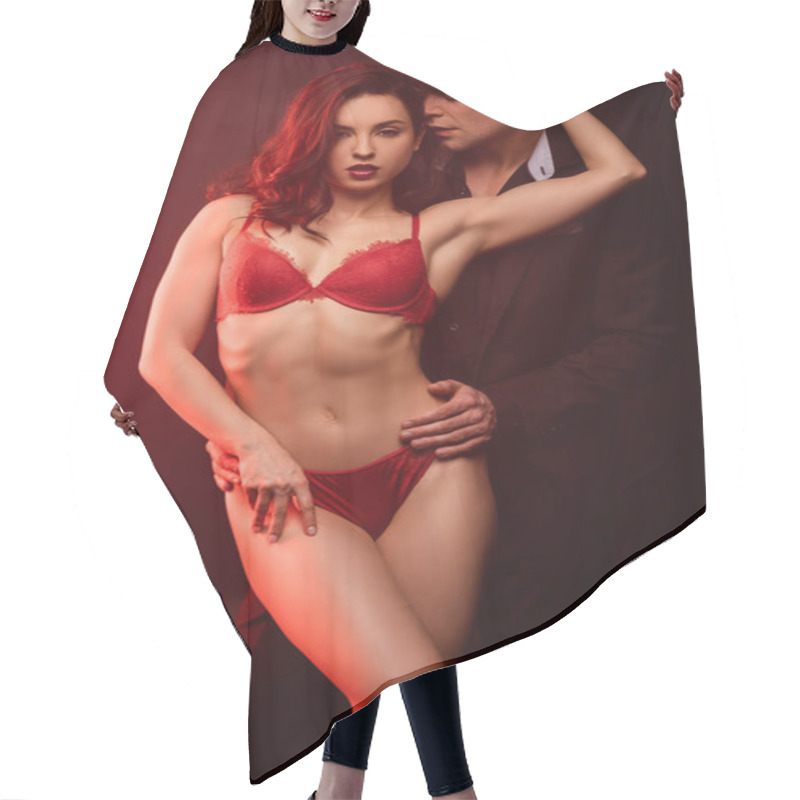 Personality  Intimate Couple Hugging On Black With Red Light Hair Cutting Cape