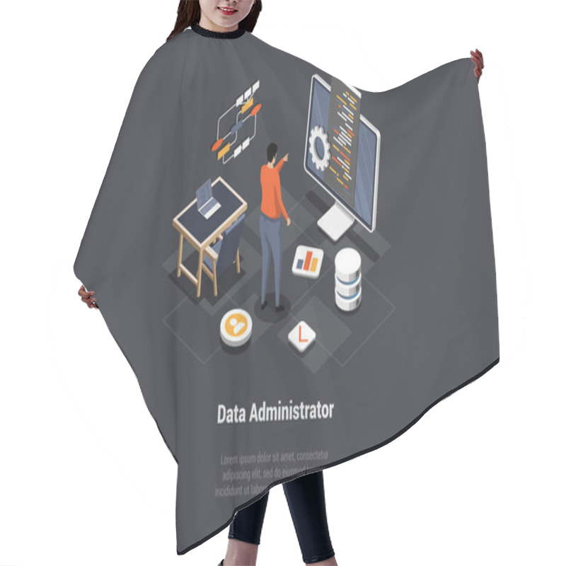 Personality  System Administrator Upkeeping Server, Adjusting Network, PC Hardware. Sysadmin Repairing Computer And Smartphone. Administration, Storage, Archive, Server. Isometric Cartoon 3d Vector Illustration. Hair Cutting Cape