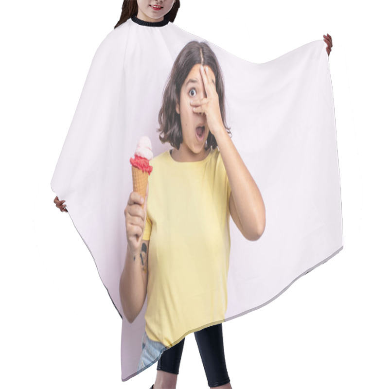 Personality  Pretty Young Woman Looking Shocked, Scared Or Terrified, Covering Face With Hand. Ice Cream Concept Hair Cutting Cape