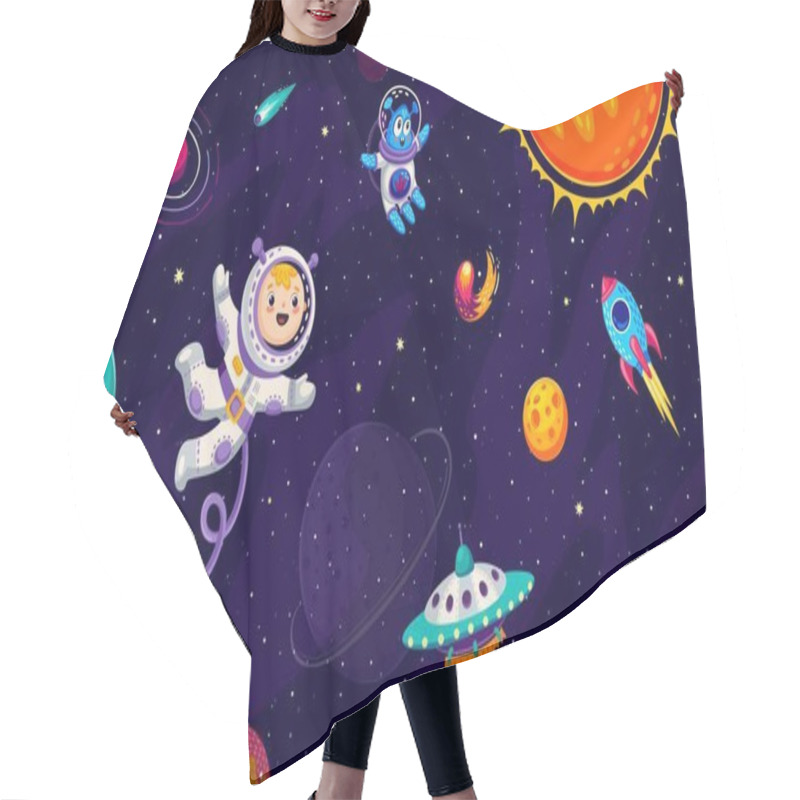 Personality  Cartoon Kid Astronaut, Alien, Ufo And Rocket At Galaxy Space. Vector Little Boy Cosmonaut Character Exploring The Vast Expanse Of The Universe, Floats Among Planets And Encounters Shuttle Or Starship Hair Cutting Cape