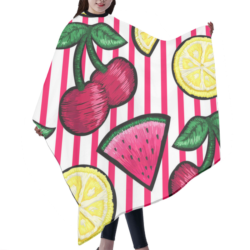 Personality  Seamless Pattern Of Patches Fruits. Hair Cutting Cape