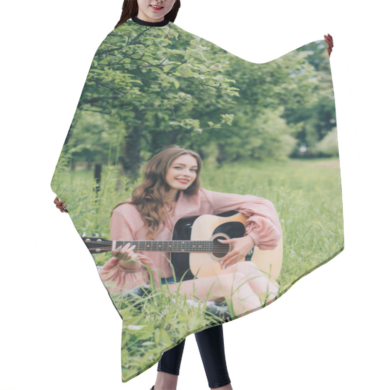 Personality  Young Smiling Woman With Acoustic Guitar Resting On Blanket With Bouquet Of Flowers In Park Hair Cutting Cape