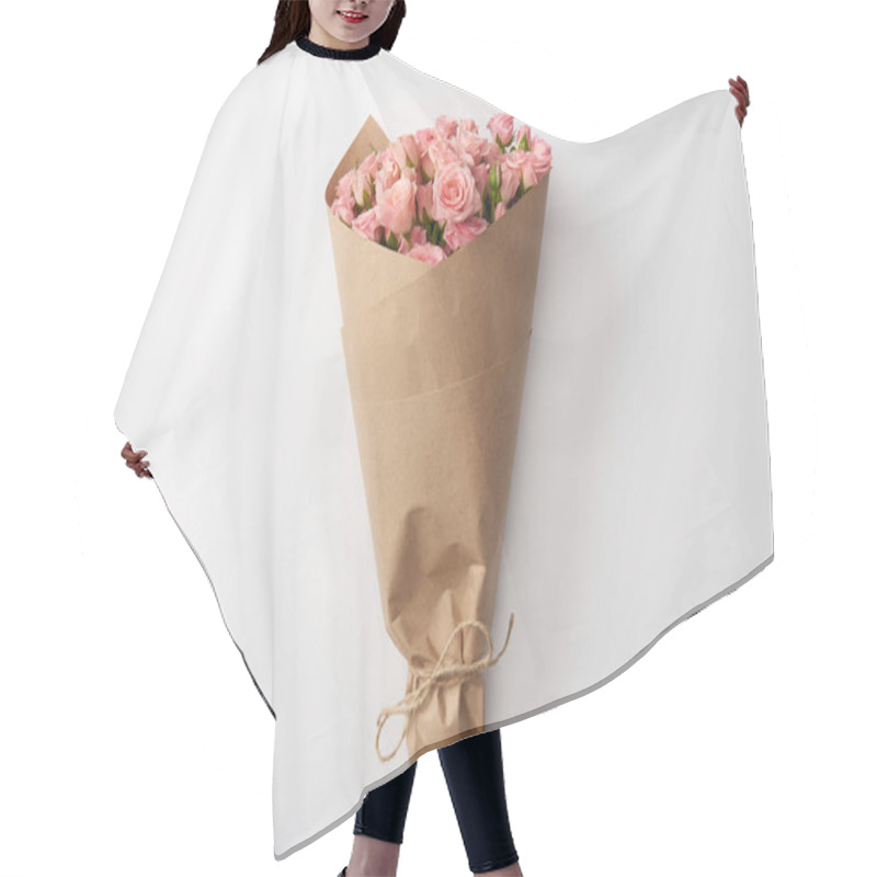 Personality  Bouquet Of Beautiful Pink Roses Wrapped In Craft Paper On Grey Hair Cutting Cape