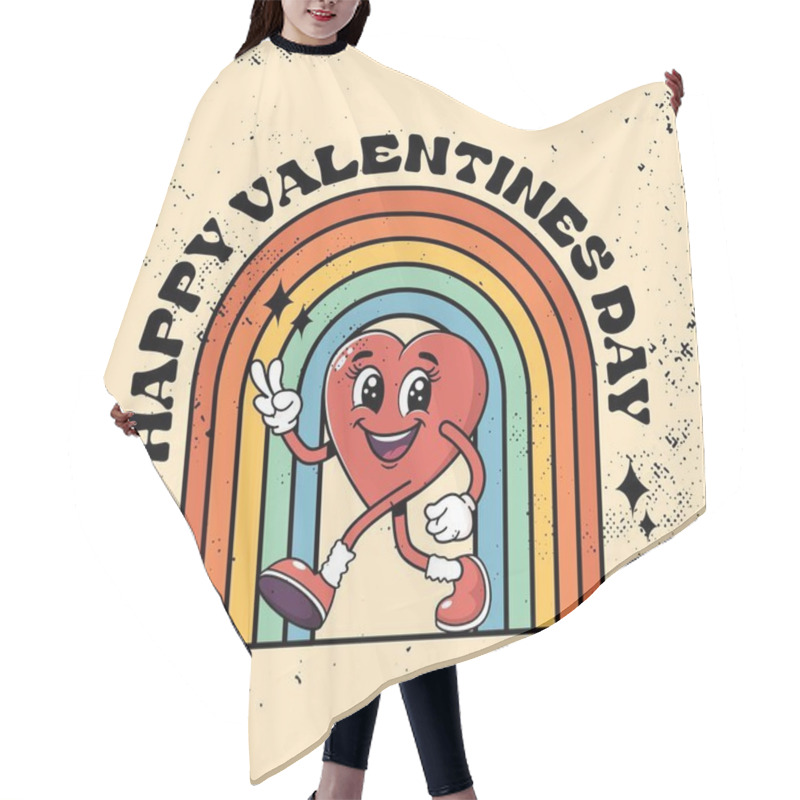 Personality  Vintage Retro Cartoon Wind-up Walking Smiling Heart Mascot With Rainbow. Trendy Retro Romantic Mascot. Funny 70's Comic Style. Retro Vintage Valentine's Day Banner. Happy Valentine's Day. Hair Cutting Cape