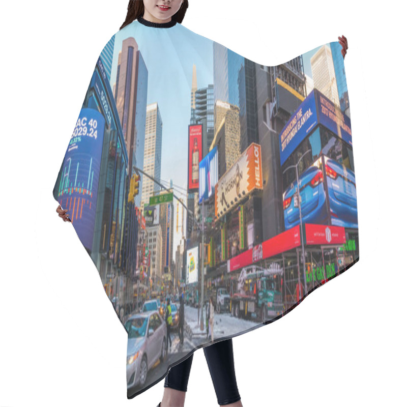 Personality  New York City, USA- March 17, 2017: Times Square, Featured With Broadway Theaters And Animated Colorful LED Signs, Stores, And Lots Of Tourists And Locals, Is A Symbol Of NYC And The USA In Manhattan. Hair Cutting Cape