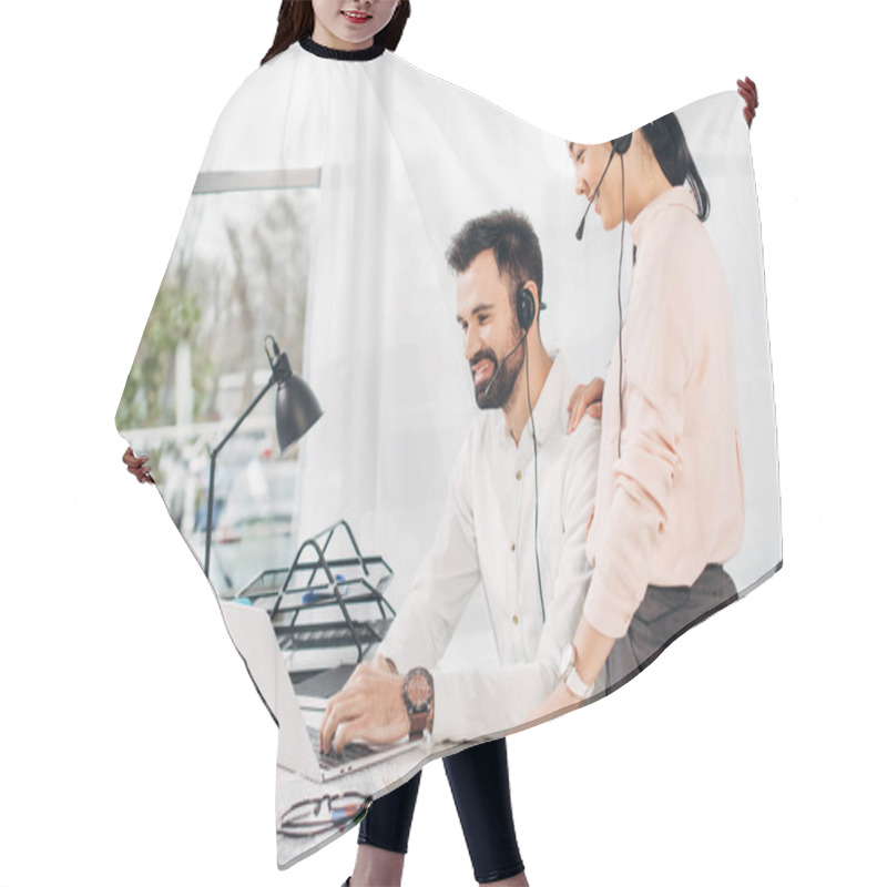 Personality  Smiling Female Manager Putting Hand On Shoulder Of Male Coworker And Looking At Laptop Hair Cutting Cape