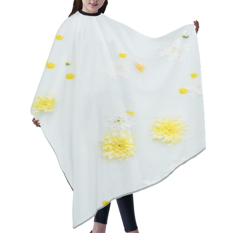 Personality  Top View Of Yellow And White Chrysanthemum Flowers In Milk Backdrop Hair Cutting Cape