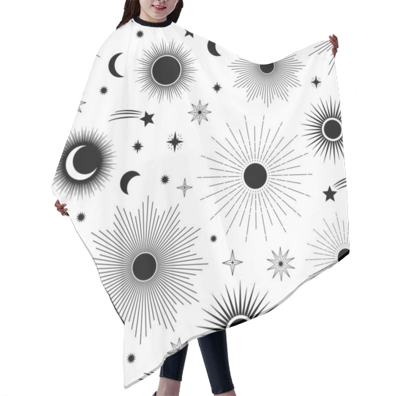 Personality  Hand Drawn Seamless Pattern Of Different Sun, Moon, Sunburst, Stars. Celestial Space Vector. Magic Space Galaxy Sketch Illustration For Greeting Card, Invitation, Wallpaper, Wrapping Paper, Fabric Hair Cutting Cape