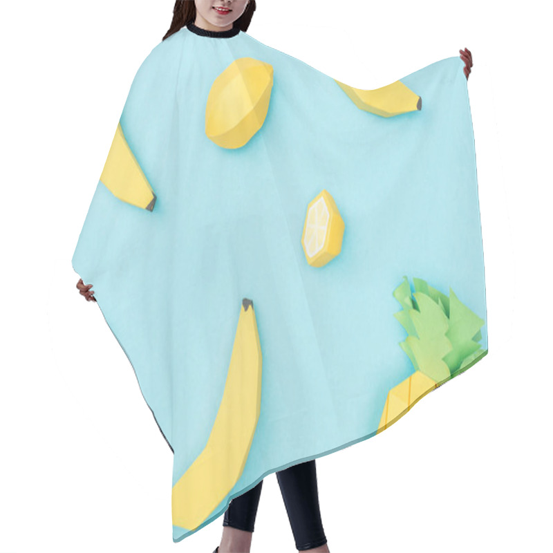 Personality  Top View Of Handmade Paper Lemons, Bananas And Pineapple Isolated On Blue Hair Cutting Cape