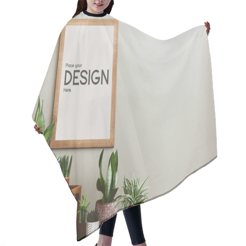 Personality  Stylish Botany Composition Of Home Garden Interior With Wooden Mock Up Poster Frame, Filled A Lot Of Beautiful House Plants, Cacti, Succulents In Different Design Pots And Floral Accessories. Template Hair Cutting Cape