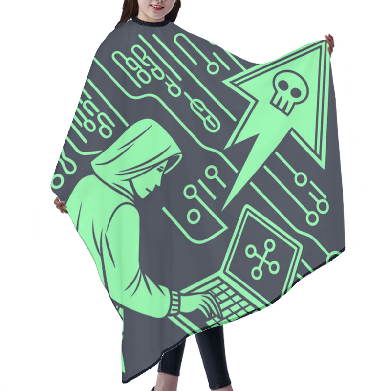 Personality  A Bold Vector Featuring Hacker Motifs In Neon Green Against Dark Backgrounds, Symbolizing Cybersecurity, Hacking Culture, And Technology. Hair Cutting Cape