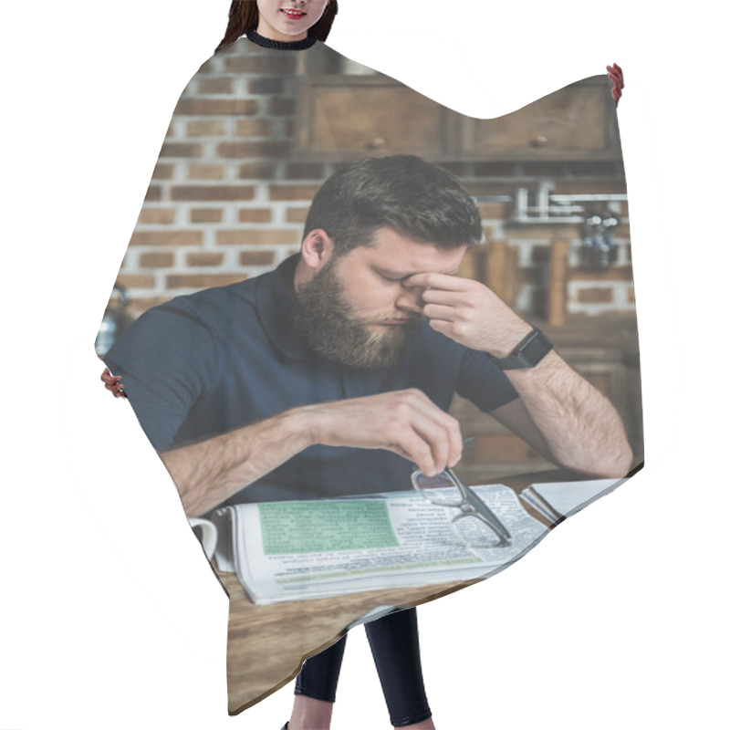 Personality  Tired Man With Newspaper On Table Hair Cutting Cape