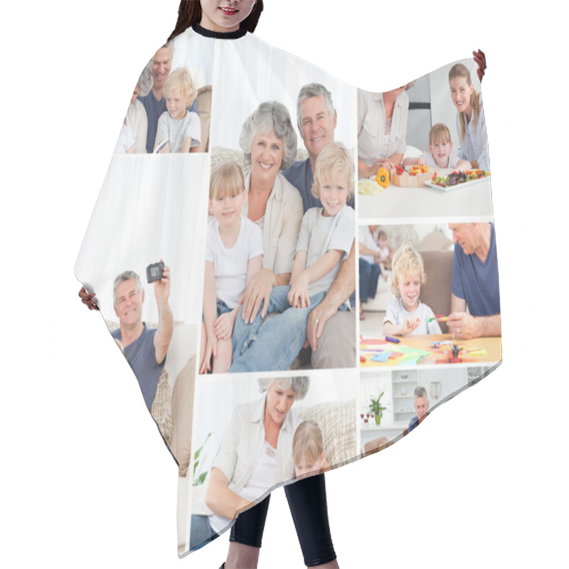 Personality  Collage Of A Family Enjoying Different Moments Together At Home Hair Cutting Cape