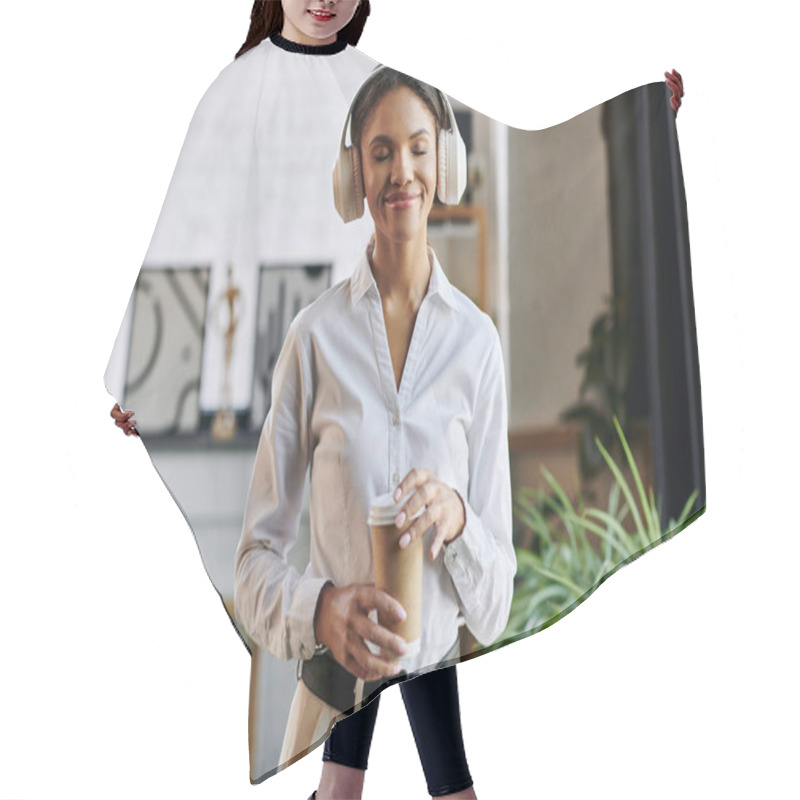 Personality  A Young Black Businesswoman In A White Shirt Smiles With Coffee And Music. Hair Cutting Cape