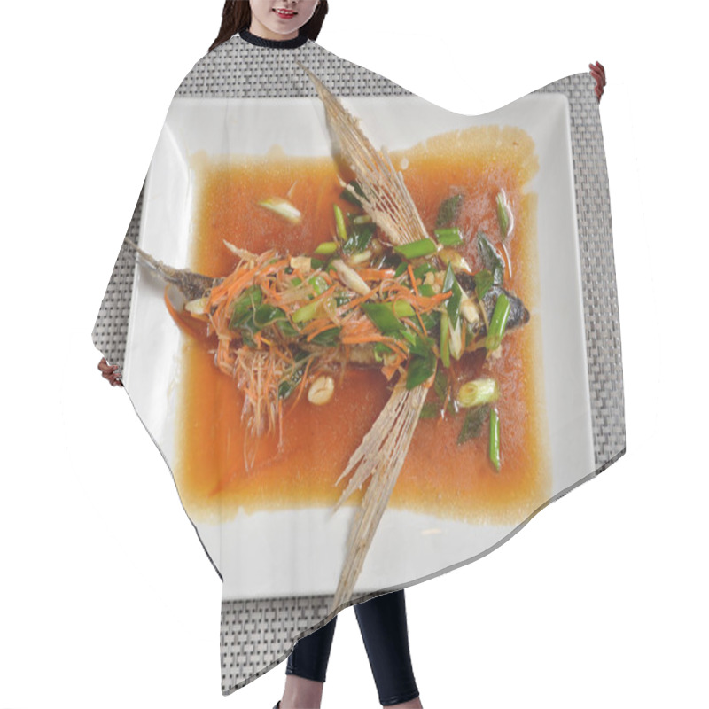 Personality  Braised Flying Fish In Soy Sauce On The Plate Hair Cutting Cape