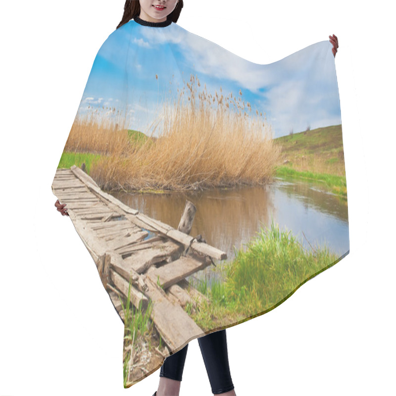 Personality  A Small Wooden Bridge Over A Creek. Grass, Blue Sky, Reeds Hair Cutting Cape