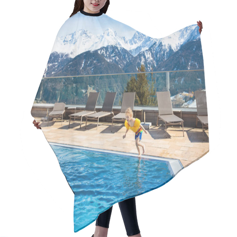 Personality  Child In Outdoor Swimming Pool Of Alpine Resort Hair Cutting Cape