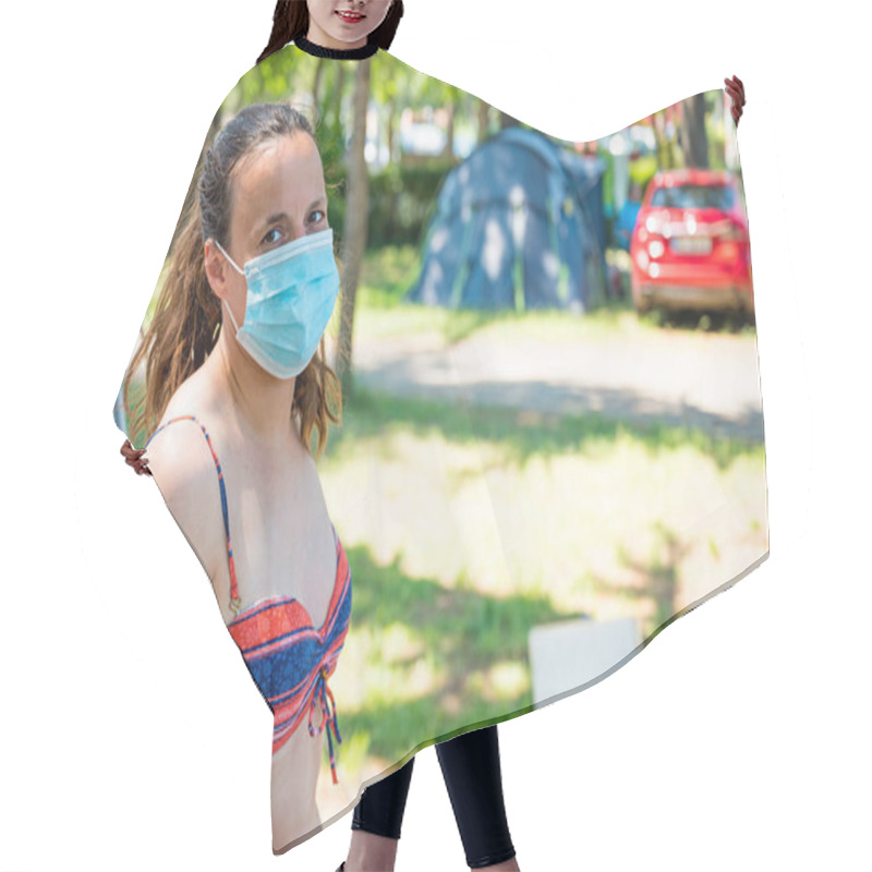 Personality  Woman Wearing Medical Mask Stepping Out Of Camping Tent. Hair Cutting Cape