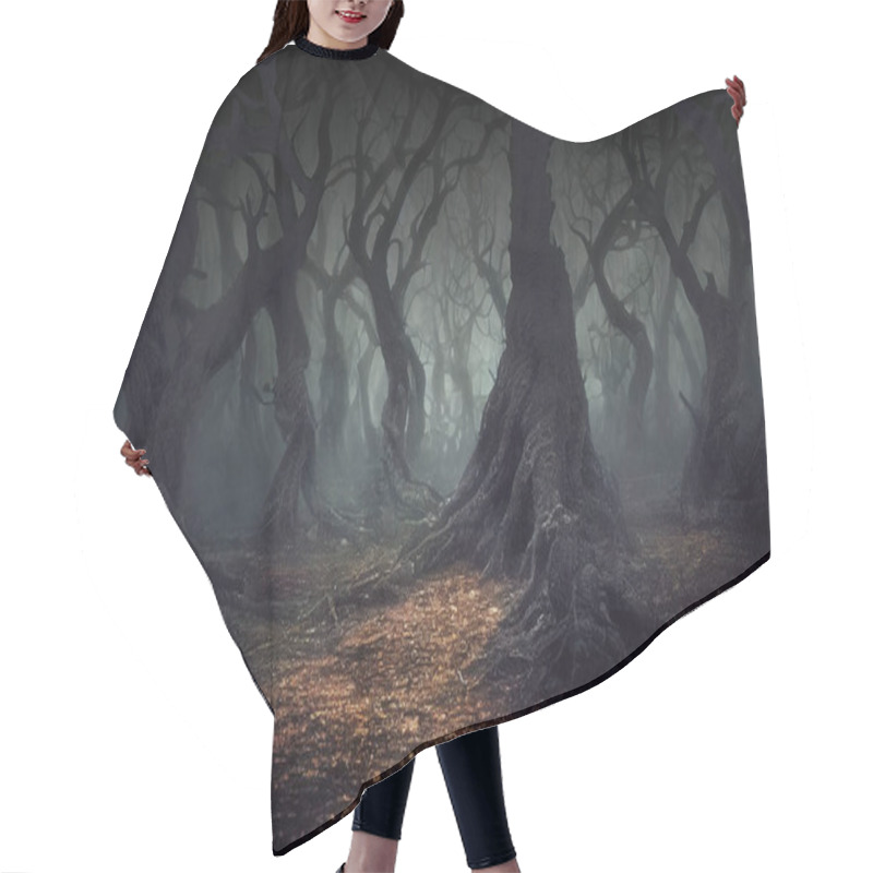 Personality  Scary Forest At Night, Twisted Tree Silhouettes With Bare Branches. 3D Digital Illustration Hair Cutting Cape