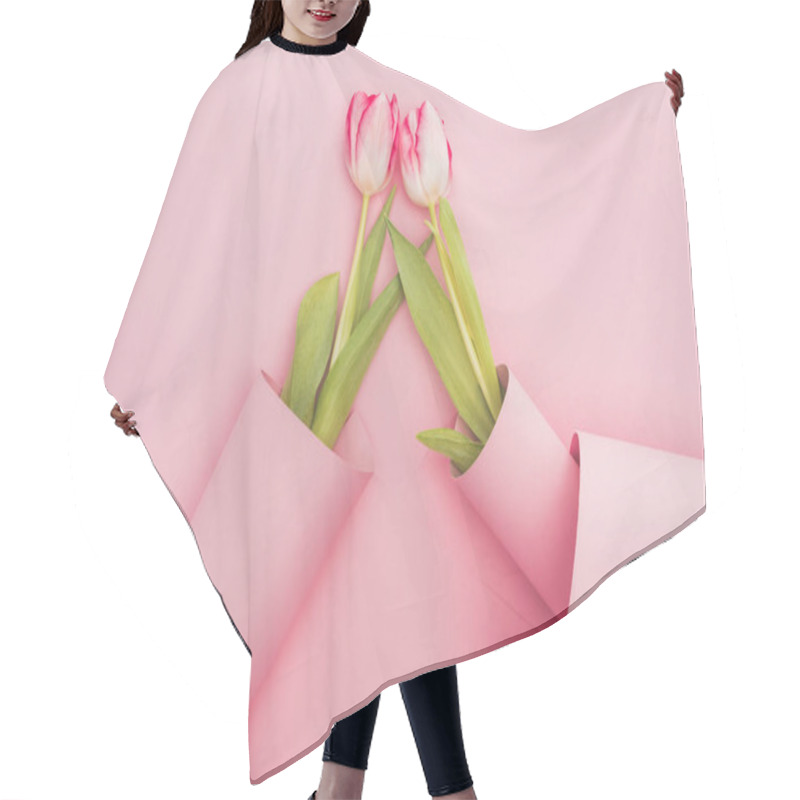 Personality  Top View Of Tulips Wrapped In Paper Swirls On Pink Background Hair Cutting Cape