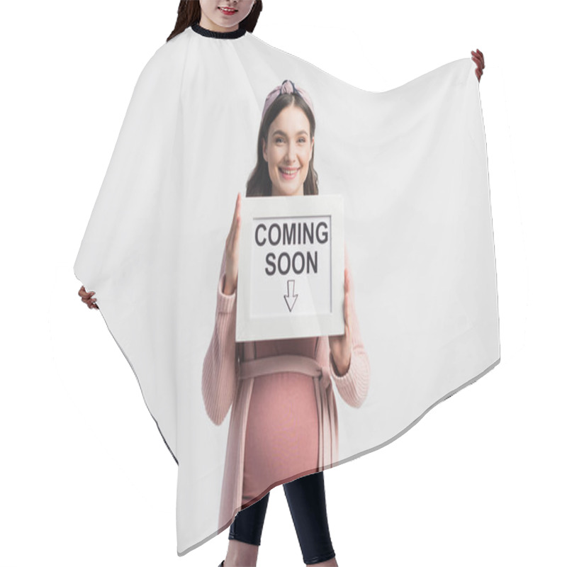 Personality  Joyful Pregnant Woman Holding Board With Coming Soon Lettering Isolated On White Hair Cutting Cape