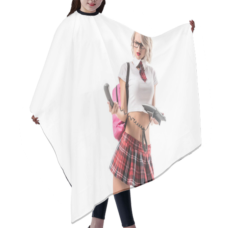 Personality  Portrait Of Sexy Blond Woman In Schoolgirl Plaid Skirt With Pink Backpack And Telephone Isolated On White Hair Cutting Cape