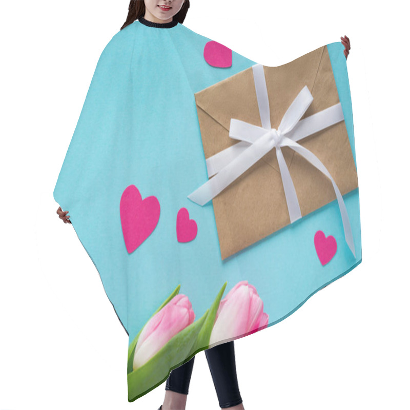 Personality  Top View Of Envelope, Paper Hearts And Tulips On Blue Background Hair Cutting Cape