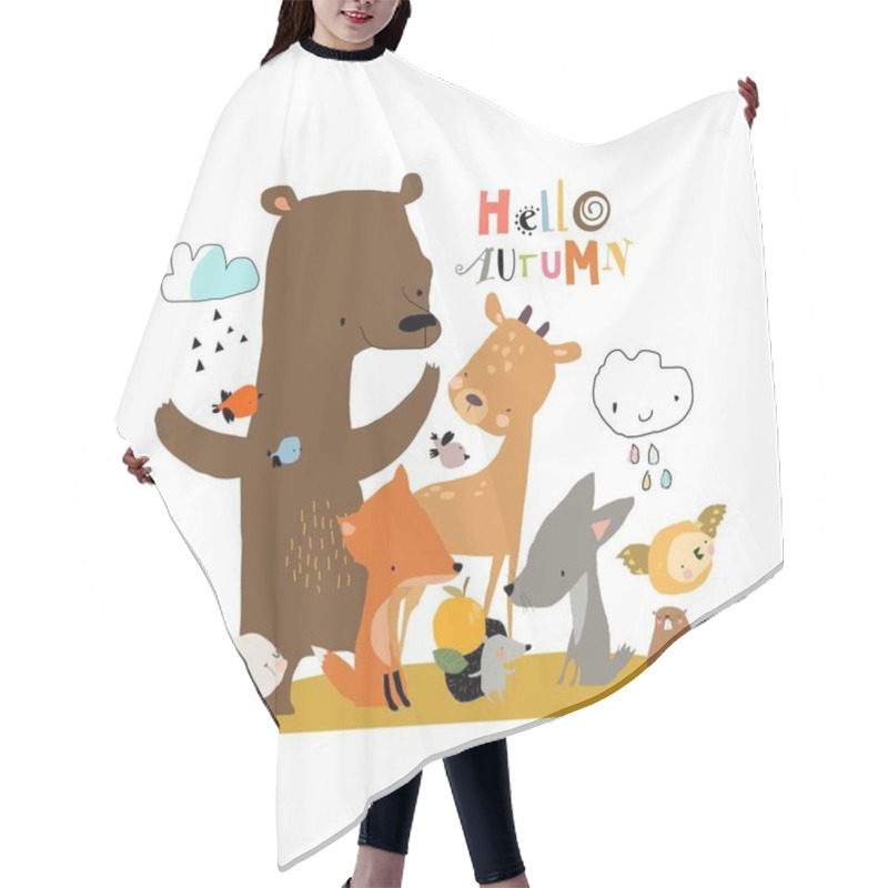 Personality  Group Of Cartoon Animals Meeting Autumn On White Background. Vector Illustration Hair Cutting Cape