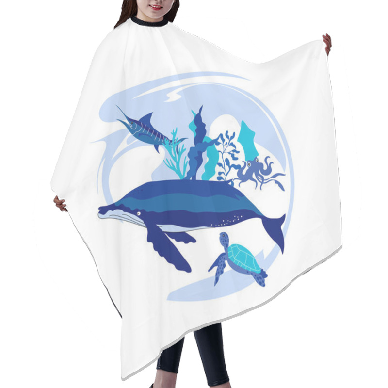 Personality  Huge Whale And Other Marine Creatures Floating In Sea Bottom Vector Illustration. Sea Animal And Wild Underwater Fauna Concept Hair Cutting Cape