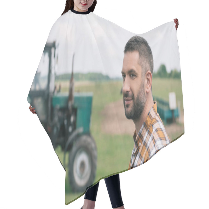 Personality  Side View Of Handsome Middle Aged Farmer Smiling While Standing Near Tractor In Field Hair Cutting Cape