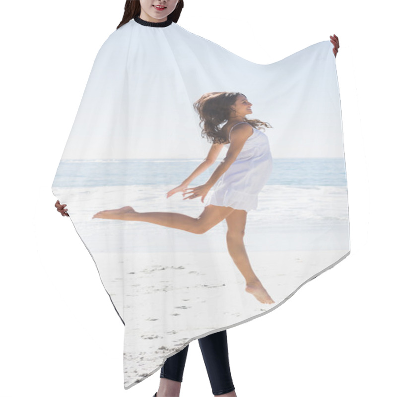 Personality  Happy Brunette In White Sun Dress Dancing On The Sand Hair Cutting Cape