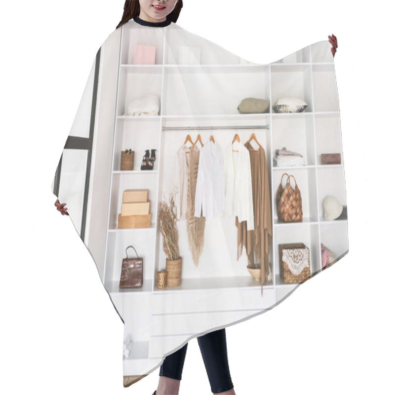 Personality  Interior Of Huge Wardrobe With Female Clothes On Shelves Indoors Hair Cutting Cape