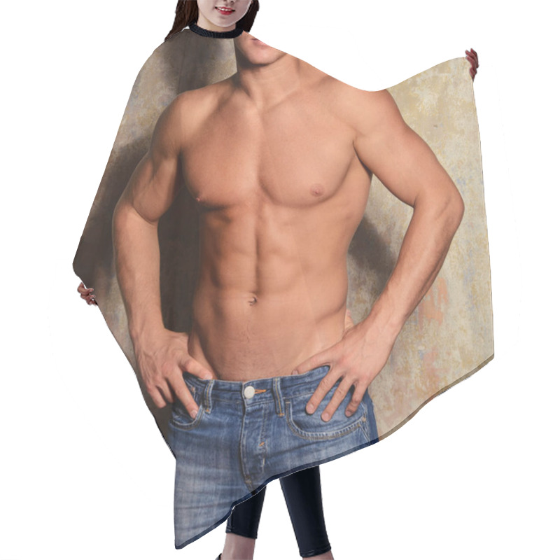 Personality  Portrait Of A Happy Athletic Man With Muscular Torso  Hair Cutting Cape