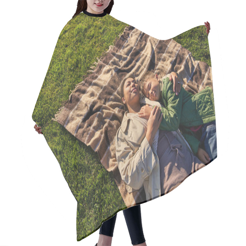 Personality  Top View, Happiness, Motherly Love, African American Woman And Son Lying On Blanket, Autumn Fashion Hair Cutting Cape