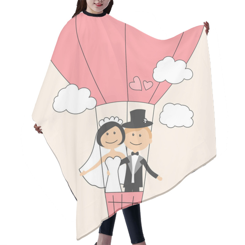 Personality  Wedding Invitation With Funny Bride And Groom On Air Balloon Hair Cutting Cape