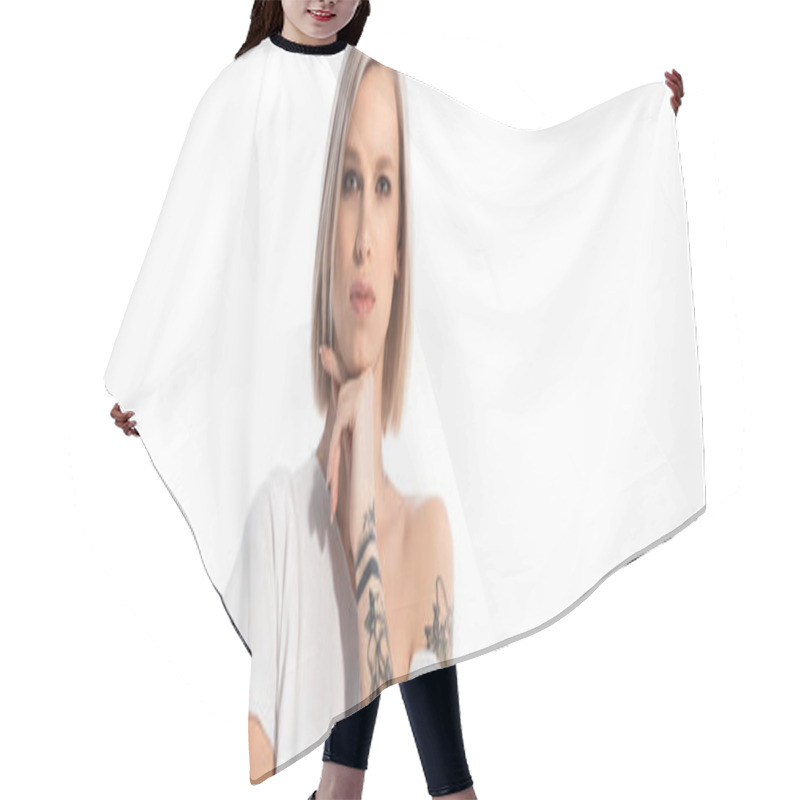 Personality  Young Tattooed Girl Posing With Hand Near Face Isolated On White, Panoramic Shot Hair Cutting Cape