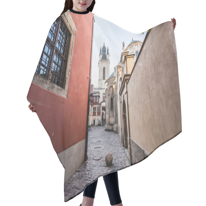 Personality  Red House Near Monastery Wall And Carmelite Church Against Blue Sky In Lviv, Ukraine Hair Cutting Cape