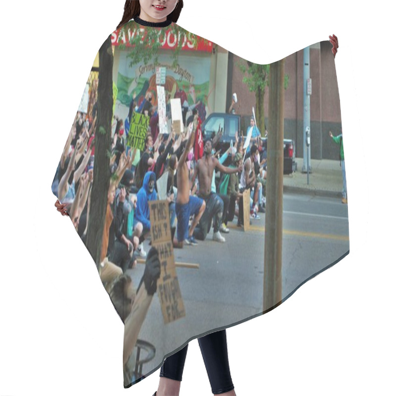 Personality  Dayton, Ohio, United States 05/30/2020 Protesters At A Black Lives Matter Rally Marching Down The Street Holding Signs And Wearing Masks Hair Cutting Cape