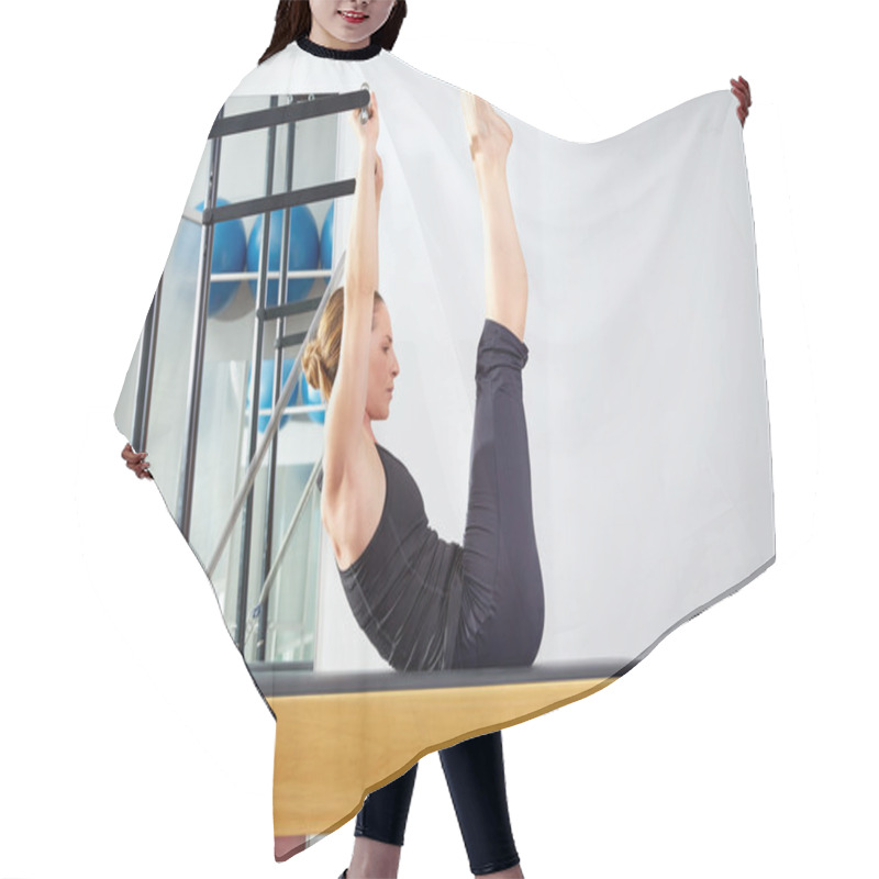 Personality  Pilates Woman In Reformer Exercise At Gym Hair Cutting Cape