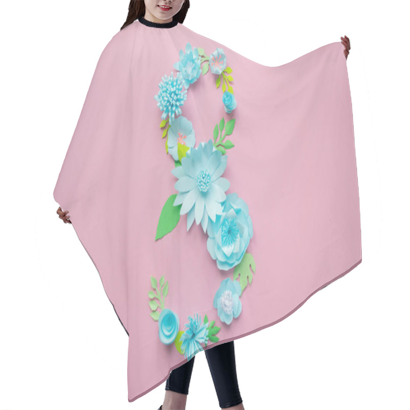 Personality  March 8 Women's Day Card With Blue Paper Flowers On Pink Background. Cut From Paper. Hair Cutting Cape